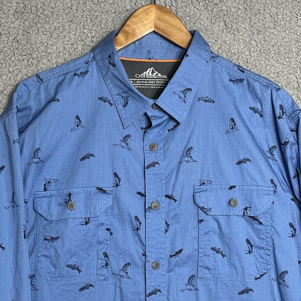 Croft & Barrow Quick Dry Shirt Mens XL Blue Fish Long Sleeve Roll Tab Ripstop
